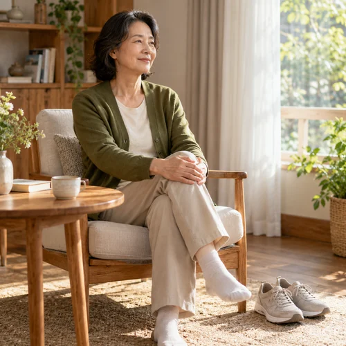 신발이 놓인 거실 의자에 앉은 성인 장면을 표현한 AI 생성 예시 · 보행 변화와 도움의 정도 안내